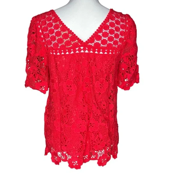 Vanessa Virginia Red Embellished Blouse with Short Sleeves Size XS - Picture 2 of 6